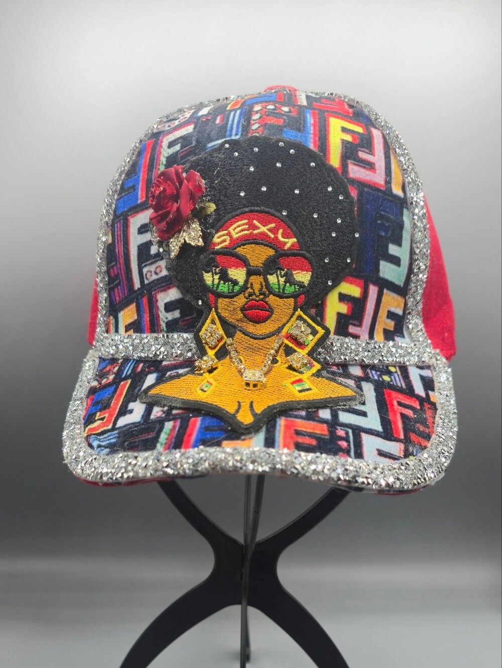 Red Embellished Afro Chic Baseball Cap